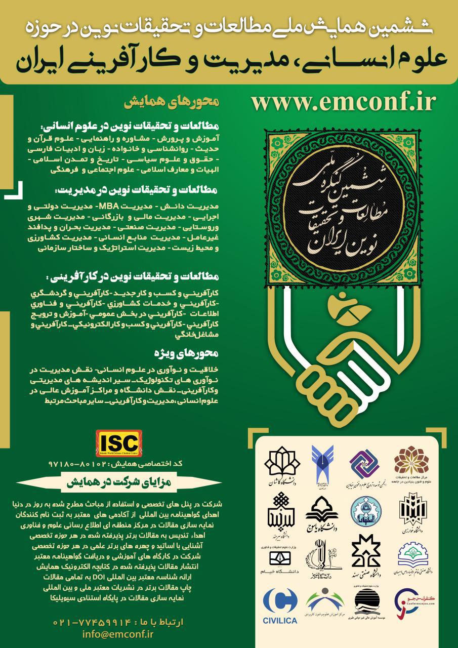 ششمین همایش ملی مطالعات و تحقیقات نوین در حوزه علوم انسانی، مدیریت و کارآفرینی ایران(isc)